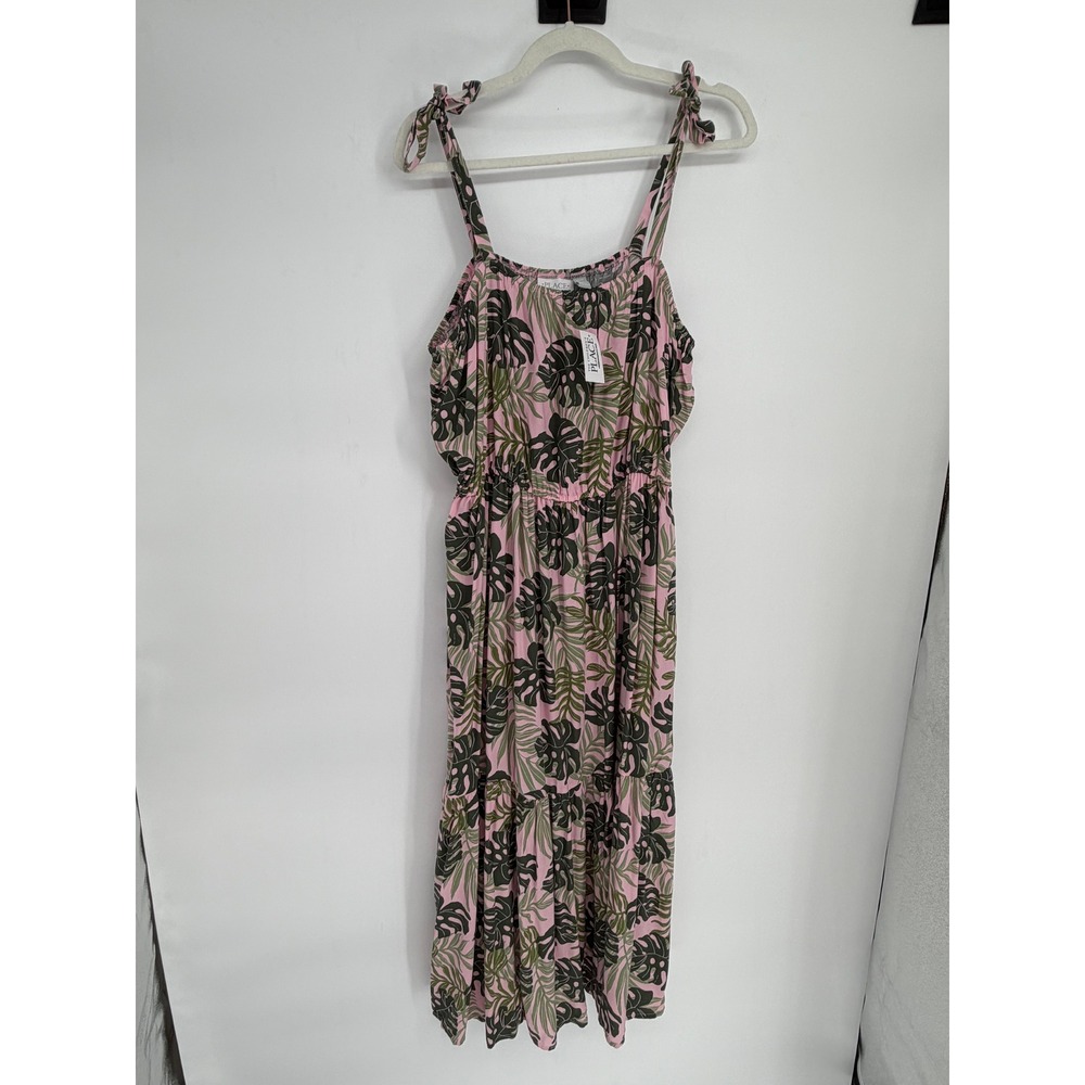 Childrens Place Pink Tropical Palm Leaf Maxi Dress XL 16 Tie Shoulder NWT